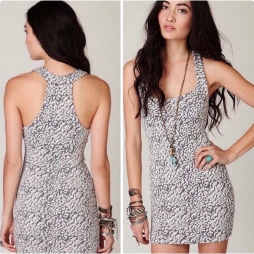 FREE PEOPLE Bodycon Animal Print Puckered Knit Tank Mini Dress Gray Size Small